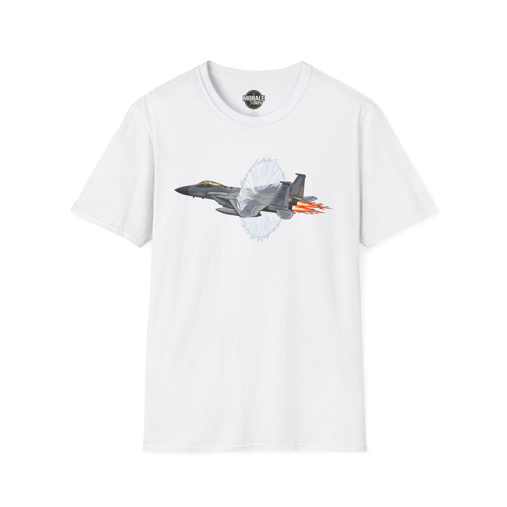 White T-shirt with fighter jet afterburner graphic and red-orange flame detail