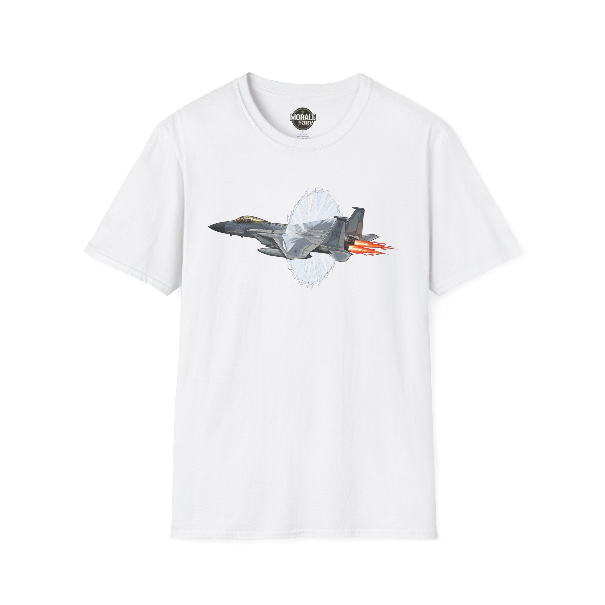 White T-shirt with fighter jet afterburner graphic and red-orange flame detail