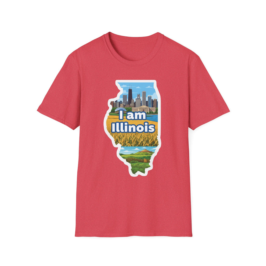 Red I Am Illinois T-shirt with state map skyline and farmland graphic