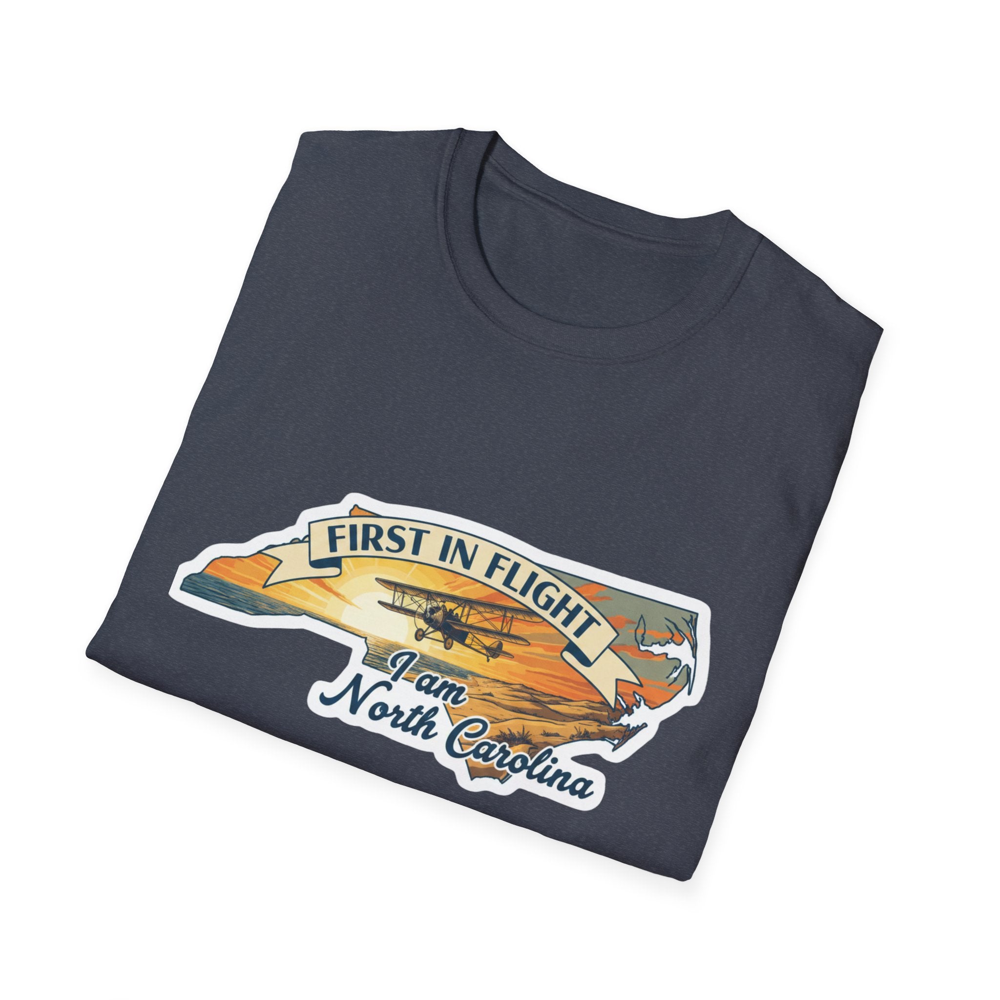 Dark First in Flight North Carolina T-shirt with airplane and state outline graphic