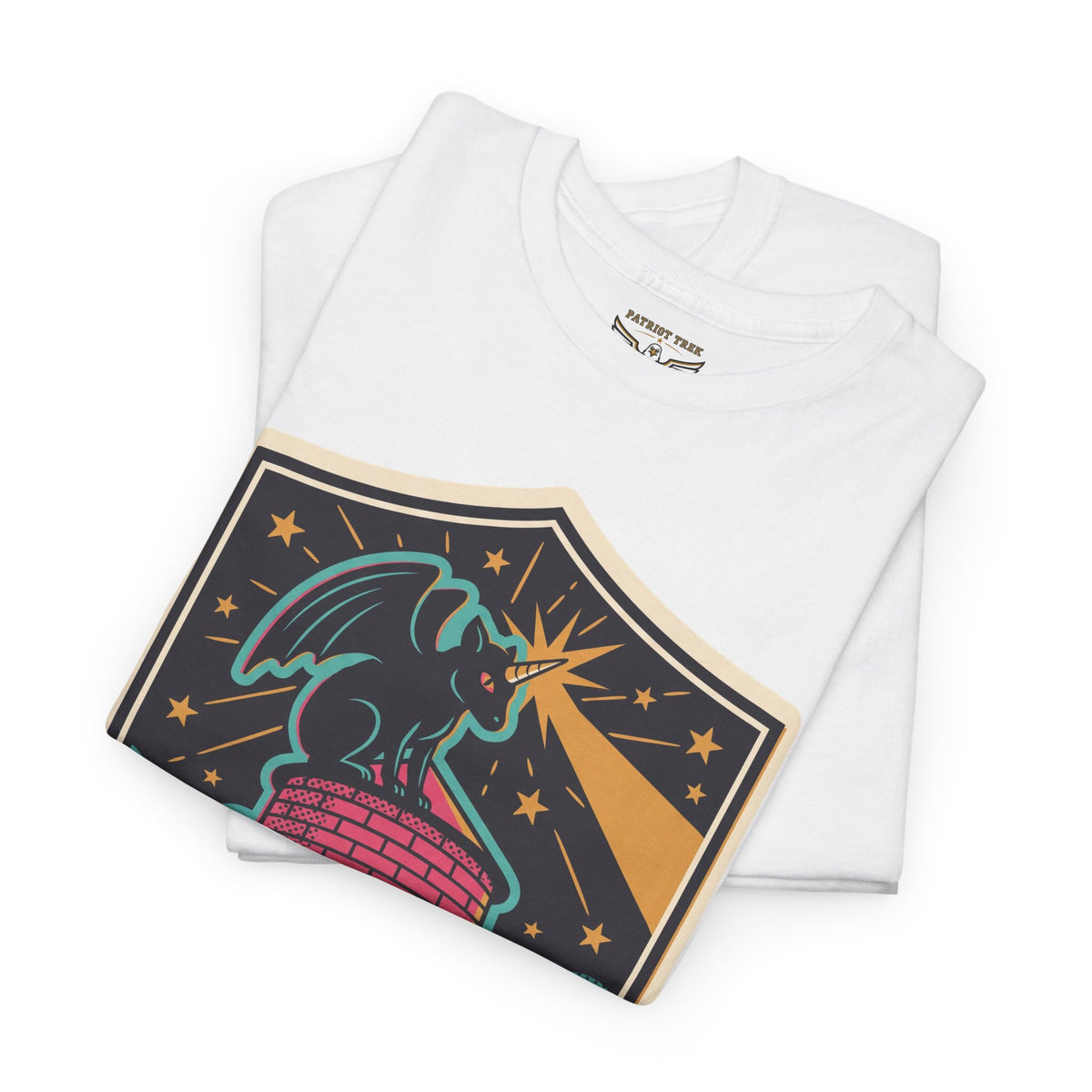White crew neck T-shirt with colorful football-themed crest patch graphic