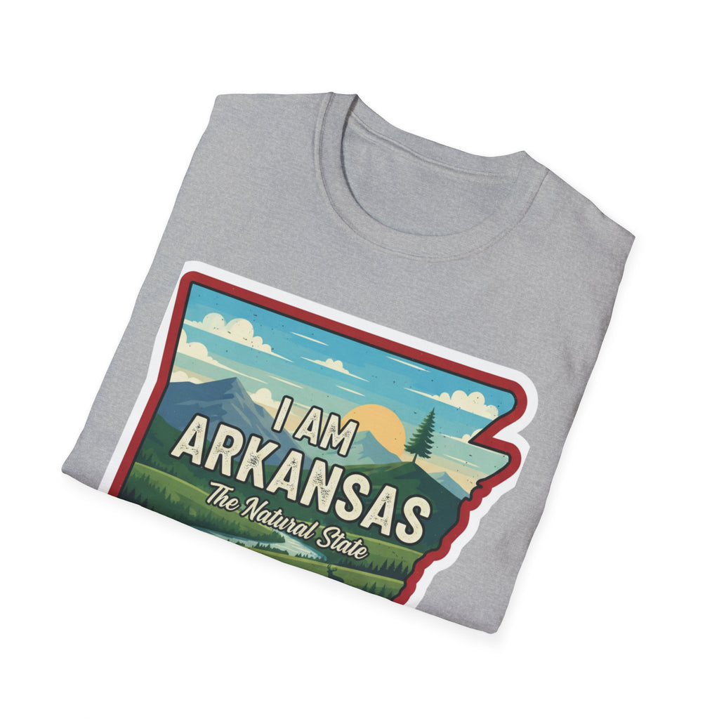 I Am Arkansas T-shirt, Sport Grey, 'I AM ARKANSAS' landscape patch print