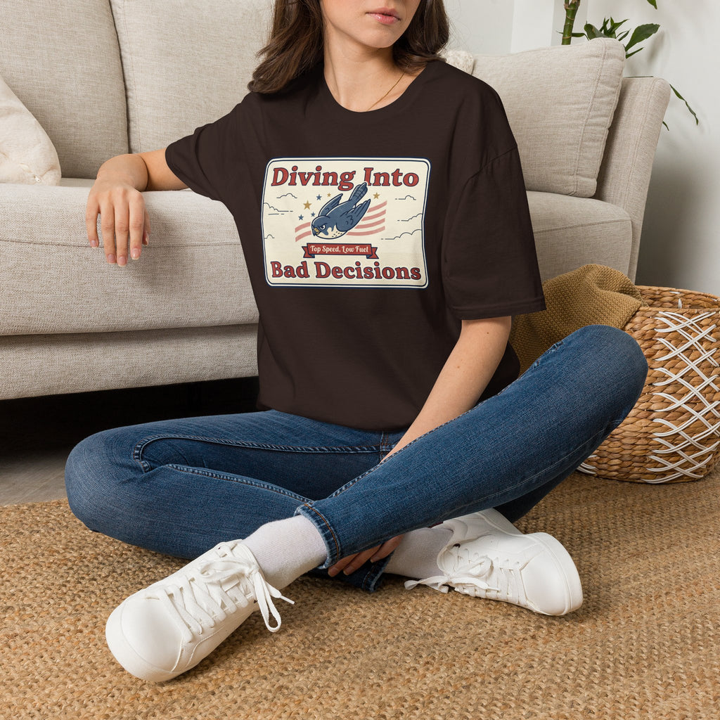 Dark brown crewneck T-shirt with shark “Diving Into Bad Decisions” front graphic