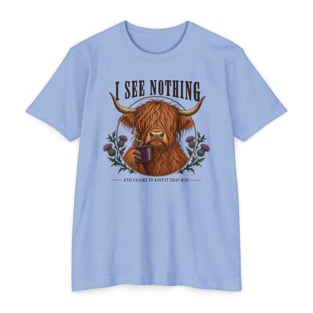 Light blue short-sleeve graphic T-shirt with Highland cow holding a coffee mug