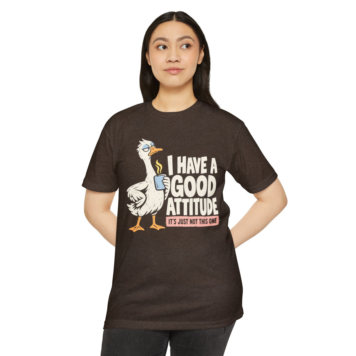 Dark brown T-shirt with rooster coffee graphic and 'I Have a Good Attitude' text