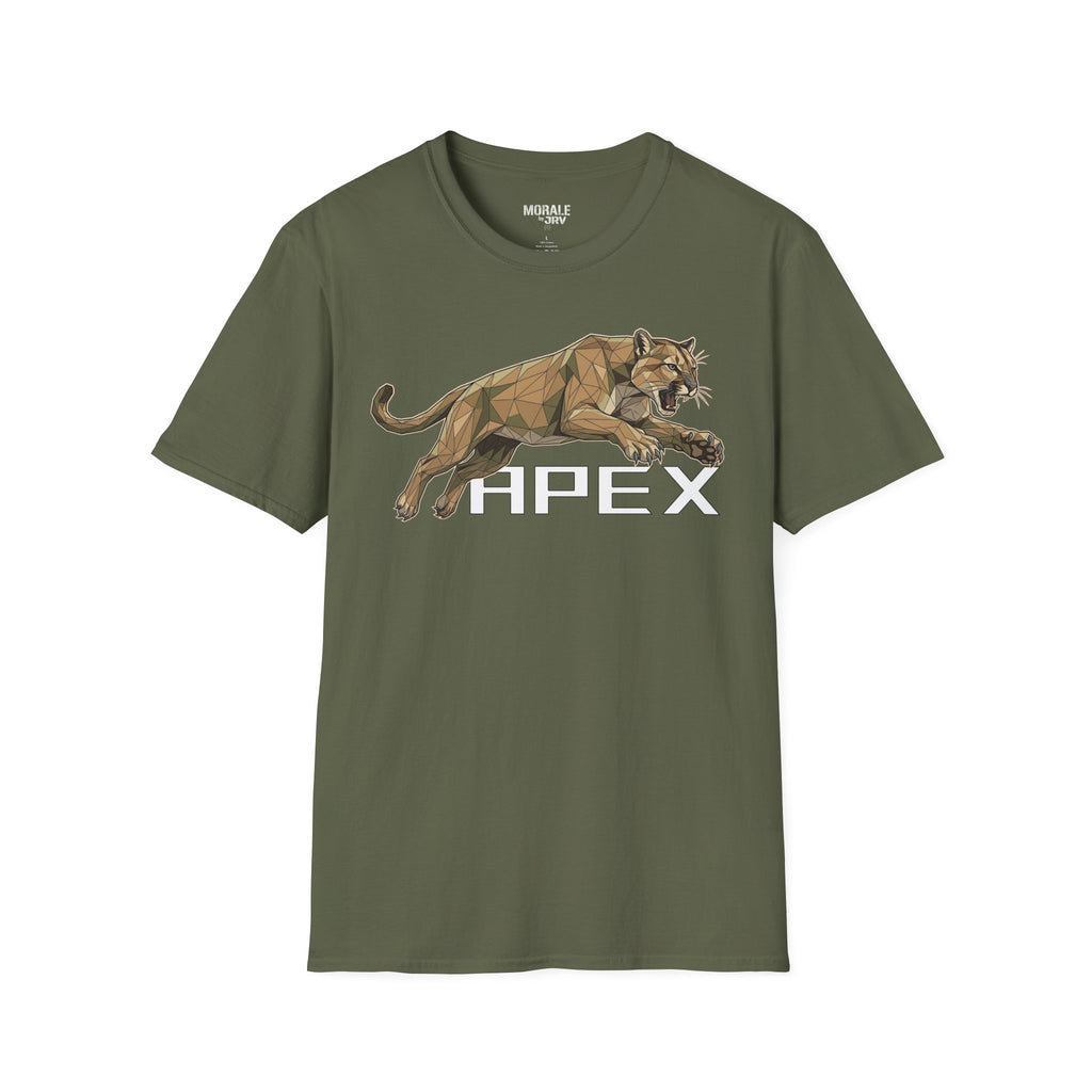 Leaping Cougar graphic T-shirt, deep green, leaping cougar illustration and HPEX logo