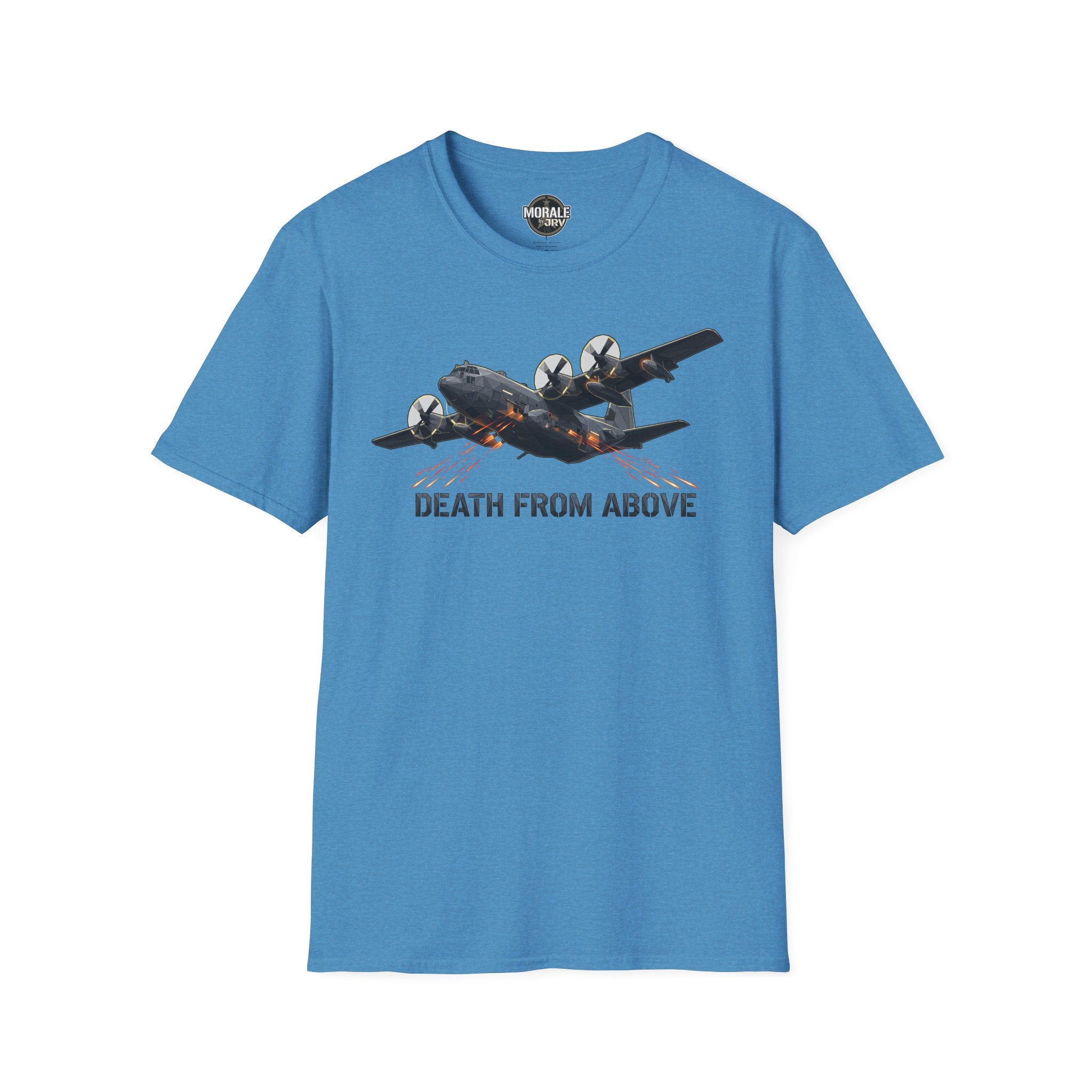 Death From Above T-Shirt in light blue with military plane graphic and orange accents
