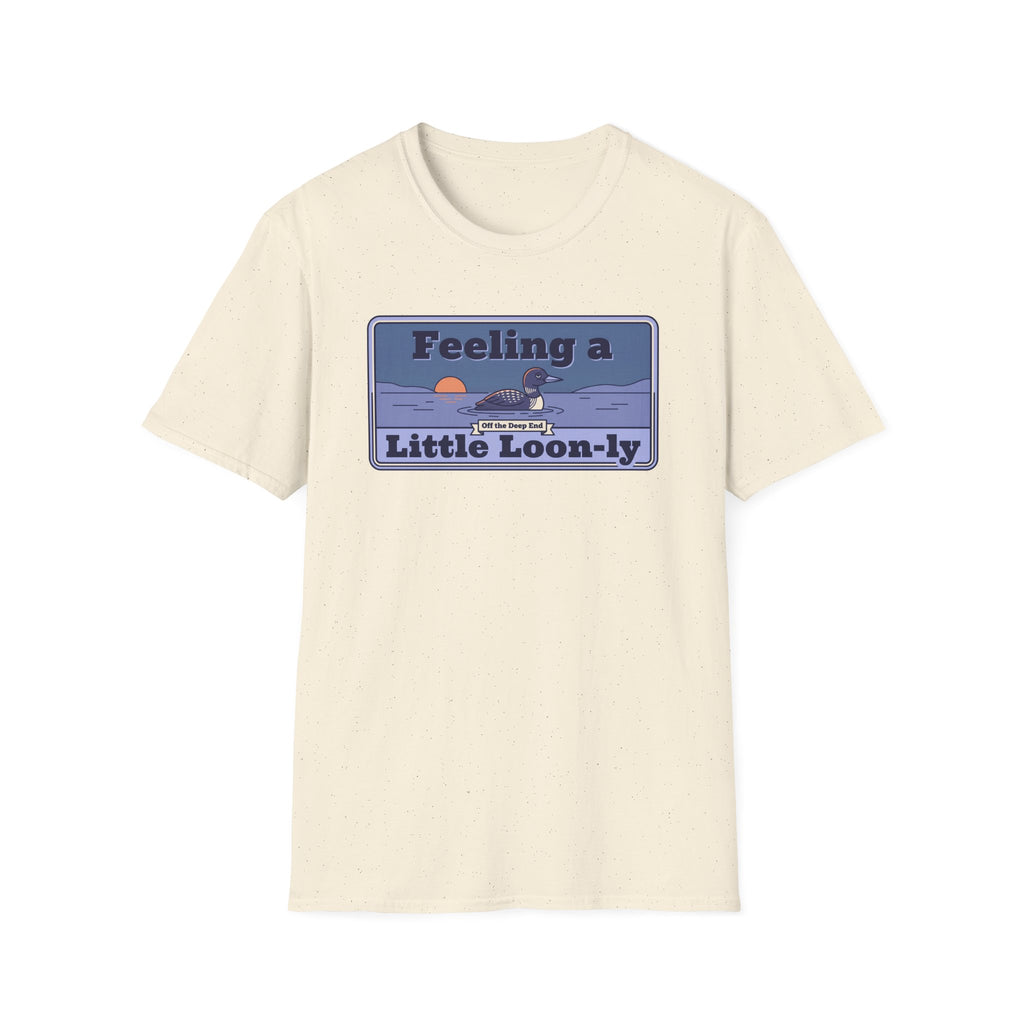 Cream T-shirt with blue loon pun graphic on the front, crew neck