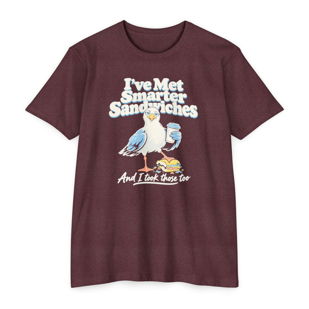 Burgundy short-sleeve T-shirt with seagull graphic and printed text on front