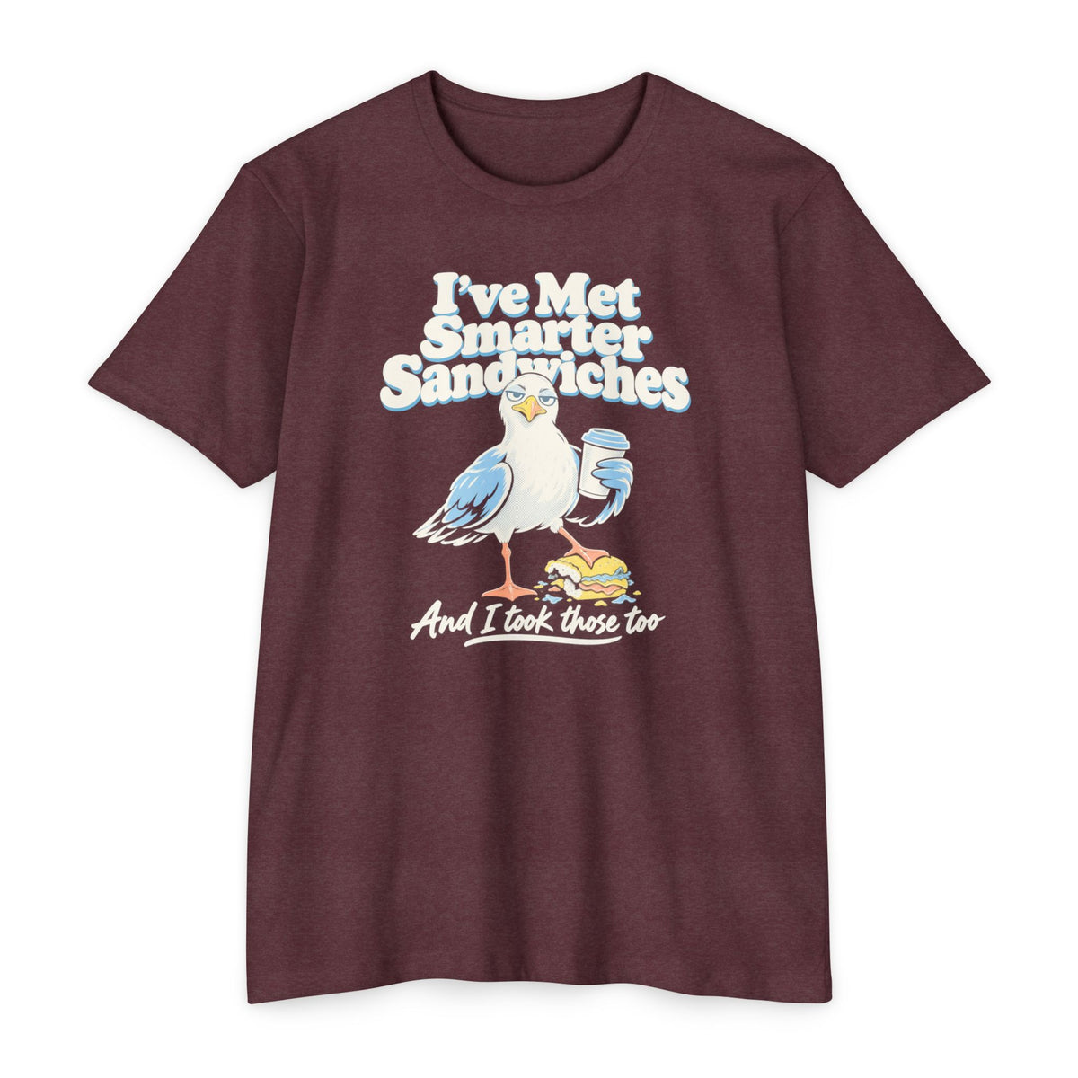 Burgundy short-sleeve T-shirt with seagull graphic and printed text on front