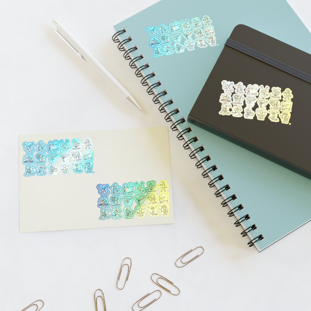 Green character sticker sheet beside planner, die-cut daily activity icon rows