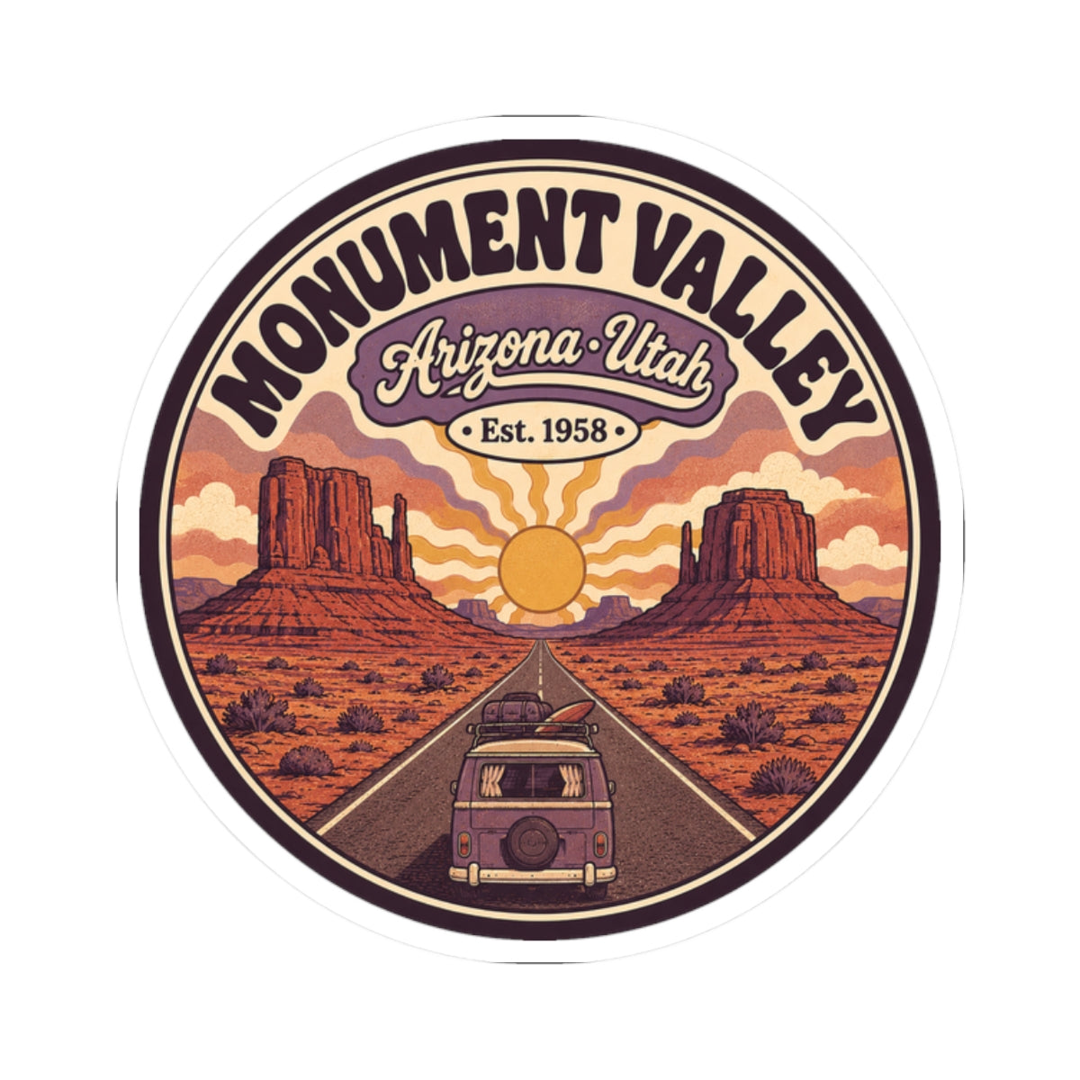Round retro Monument Valley sticker featuring Arizona-Utah text, Est. 1958, and desert road