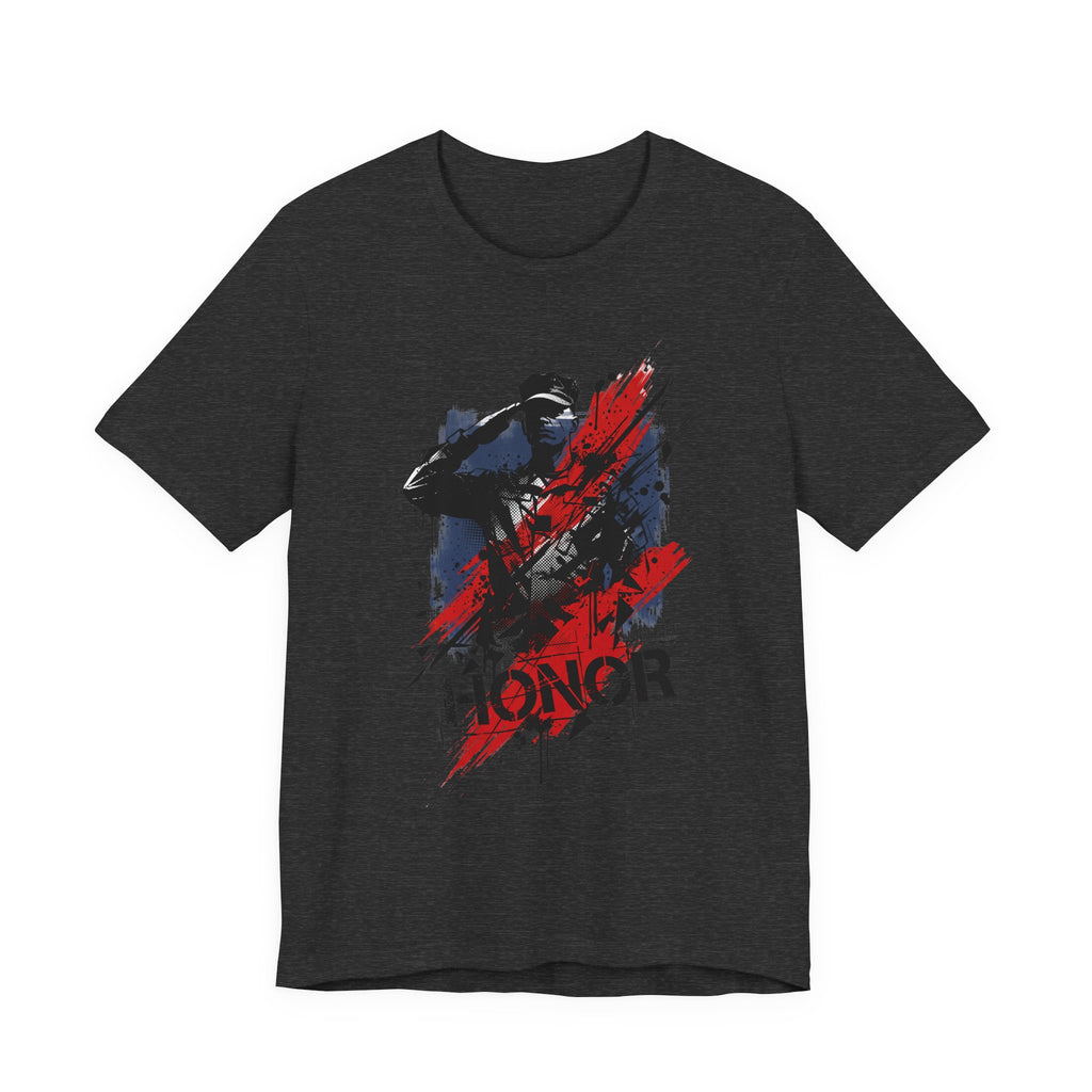 Charcoal black t-shirt with 'HONOR' soldier graphic in red and blue