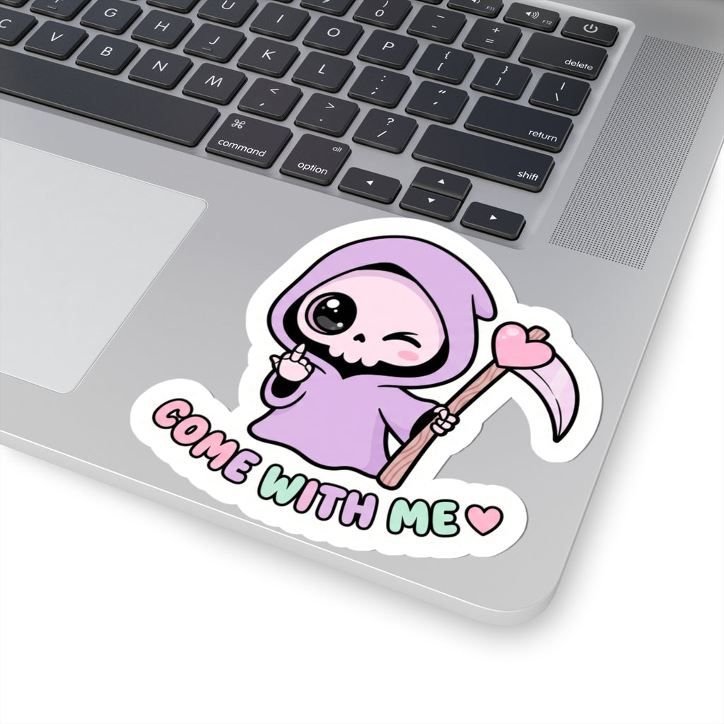 Purple grim reaper sticker on laptop, scythe and heart, text “COME WITH ME”.