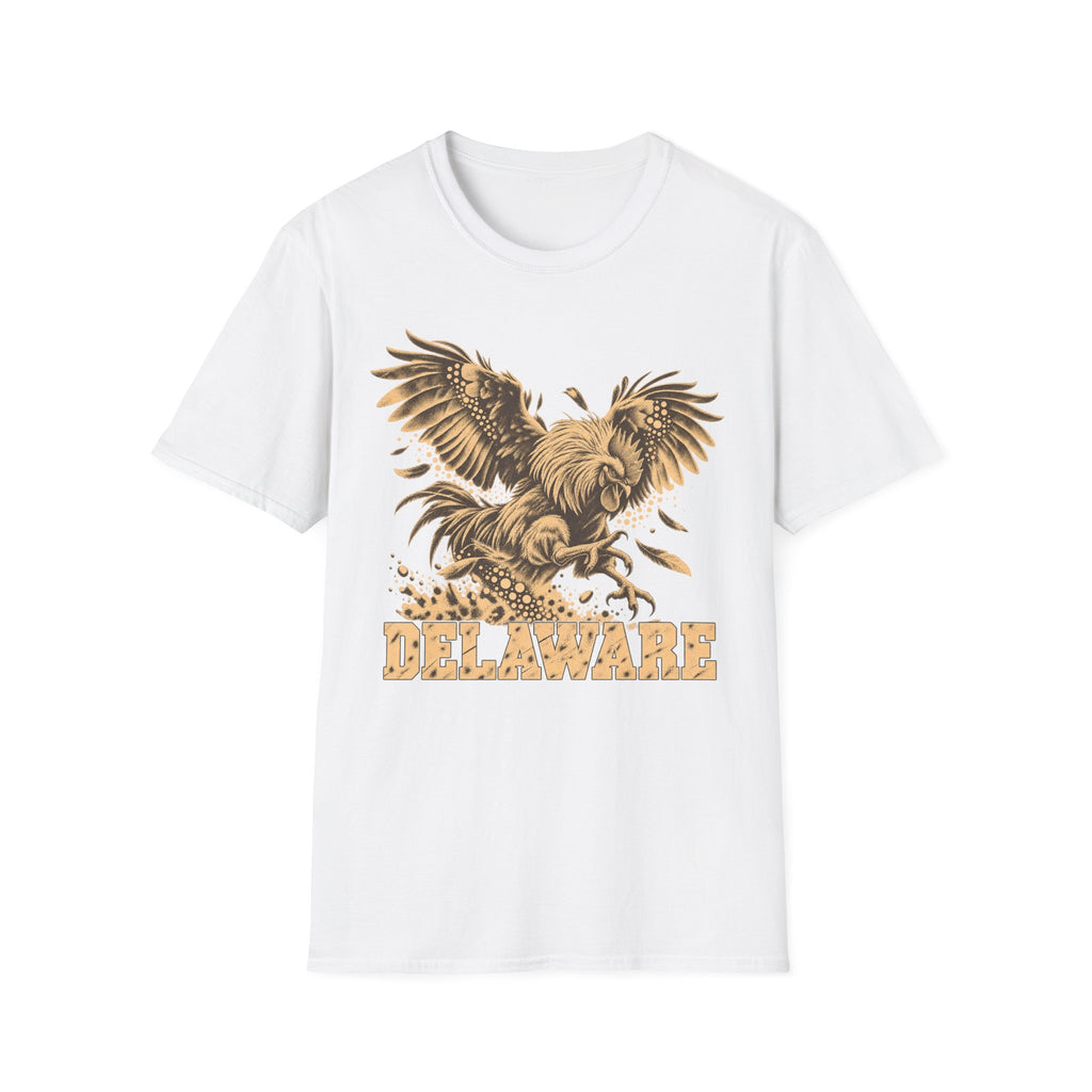 White t-shirt with golden soaring eagle and DELAWARE front graphic