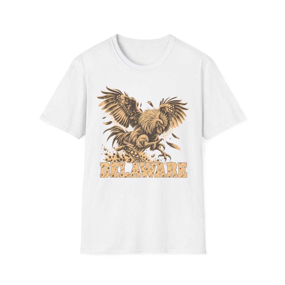 White t-shirt with golden soaring eagle and DELAWARE front graphic