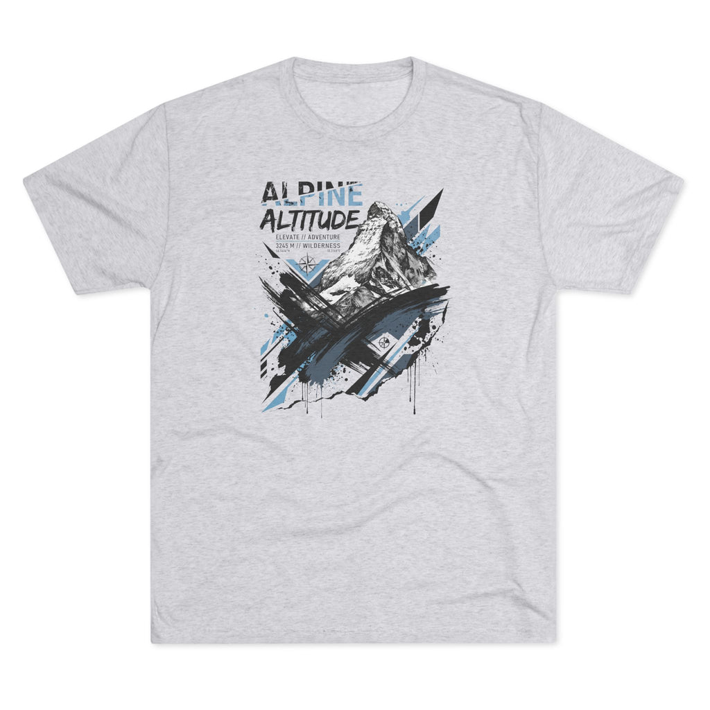 Light heather T-shirt with mountain peak graphic and blue accent paint splashes