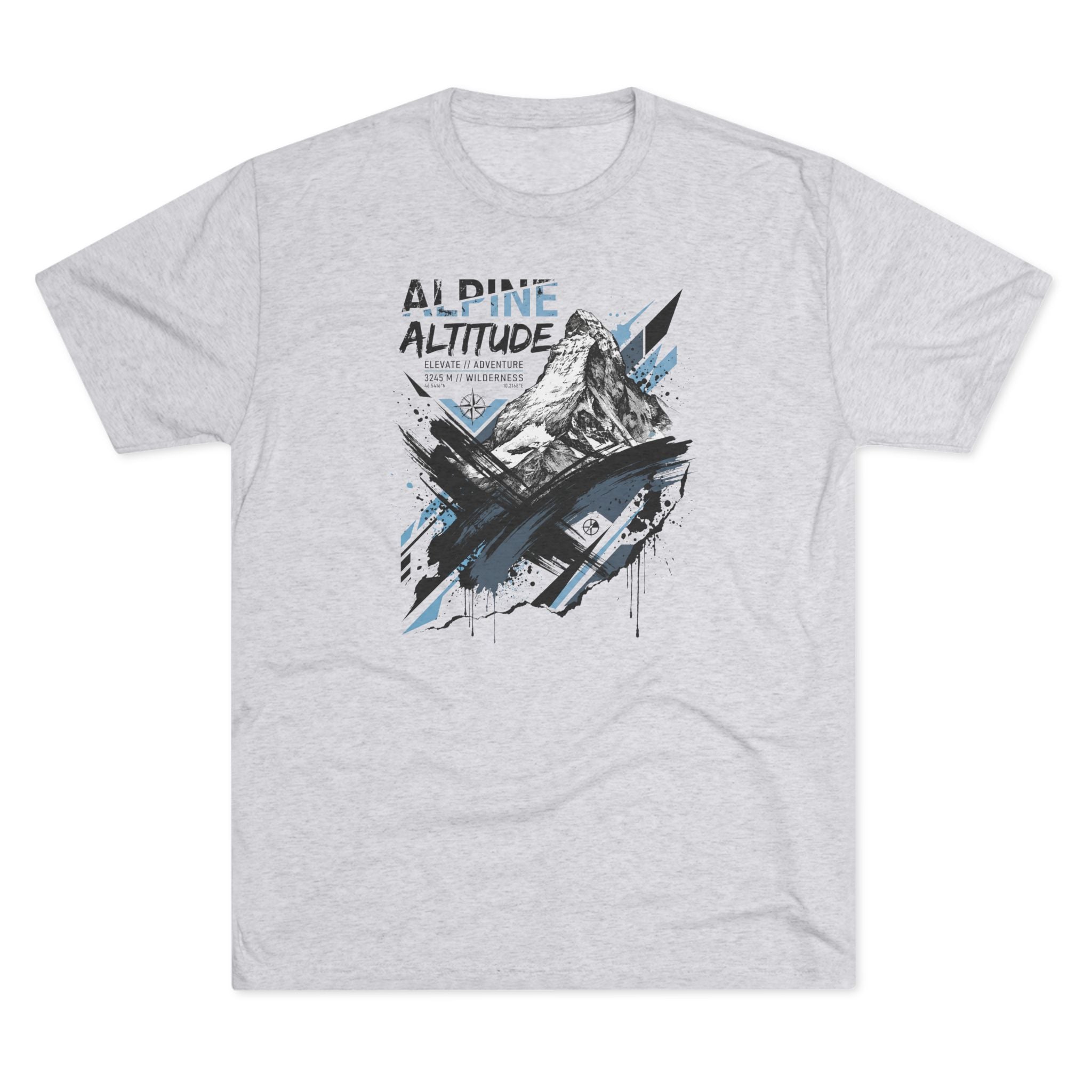 Light heather T-shirt with mountain peak graphic and blue accent paint splashes