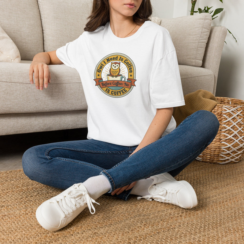 White crewneck T-shirt with vintage coffee owl badge graphic