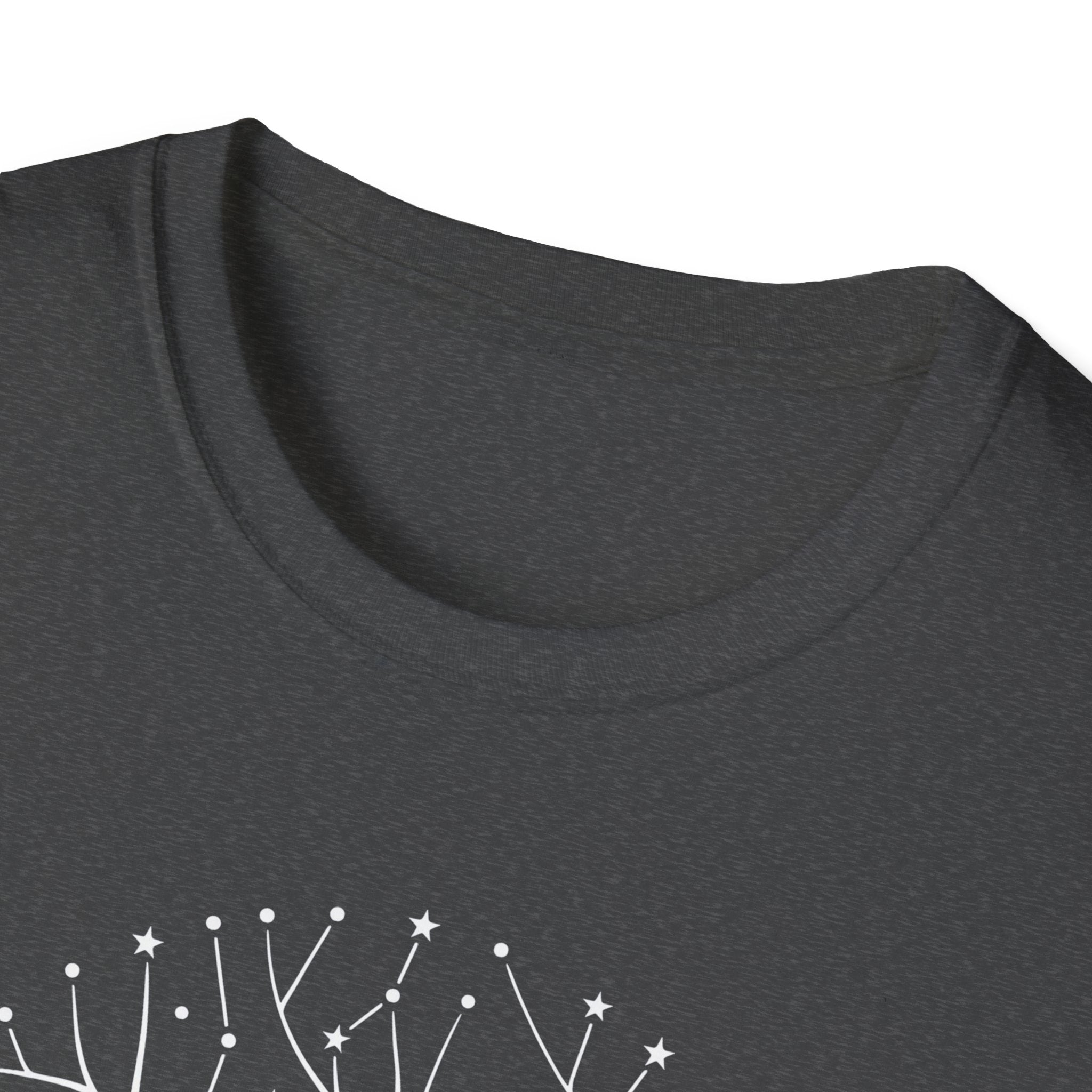 Charcoal T-shirt neckline close-up with white star-and-line graphic detail