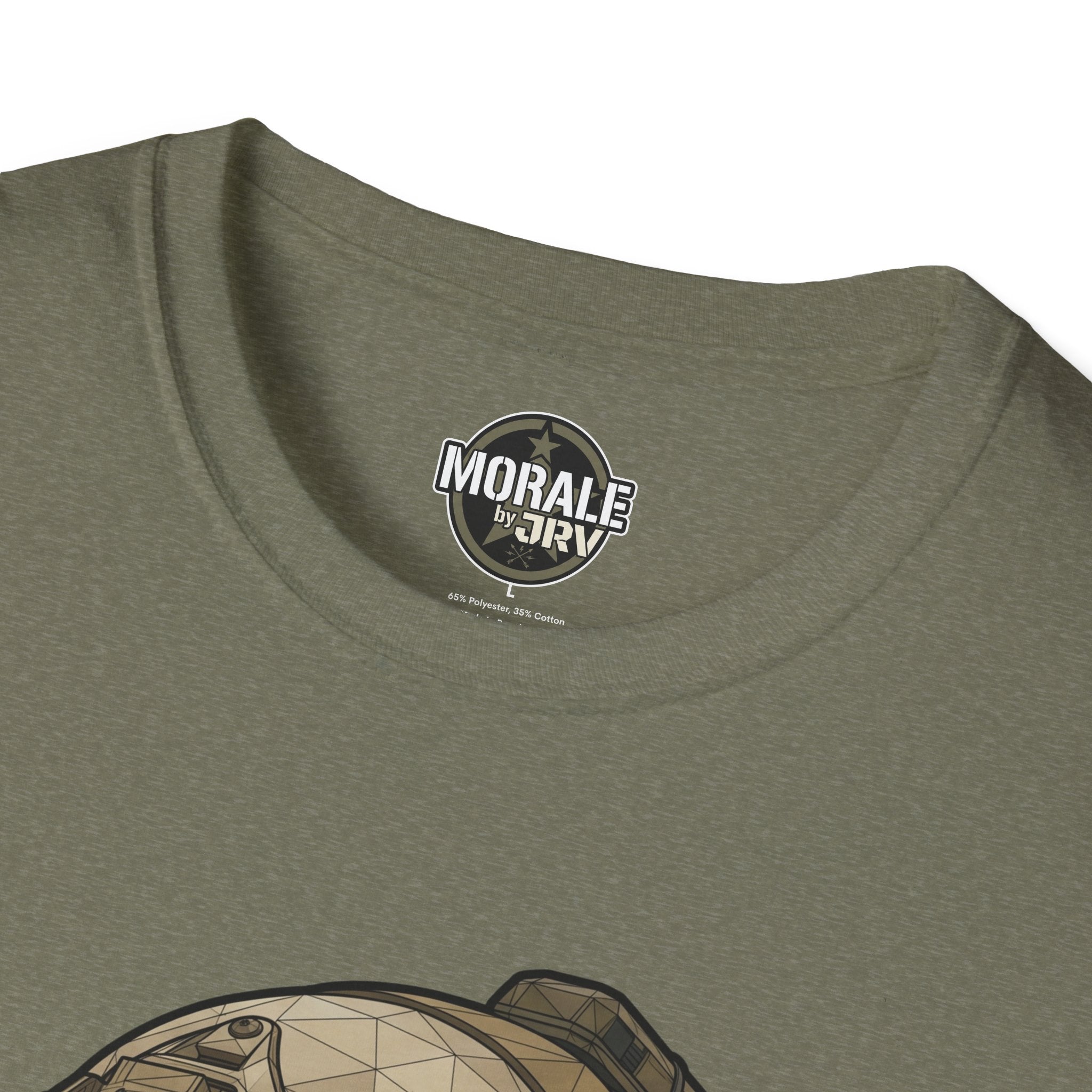 Freedom Costs T-shirt, olive close-up of back collar with Morale by DRI insignia