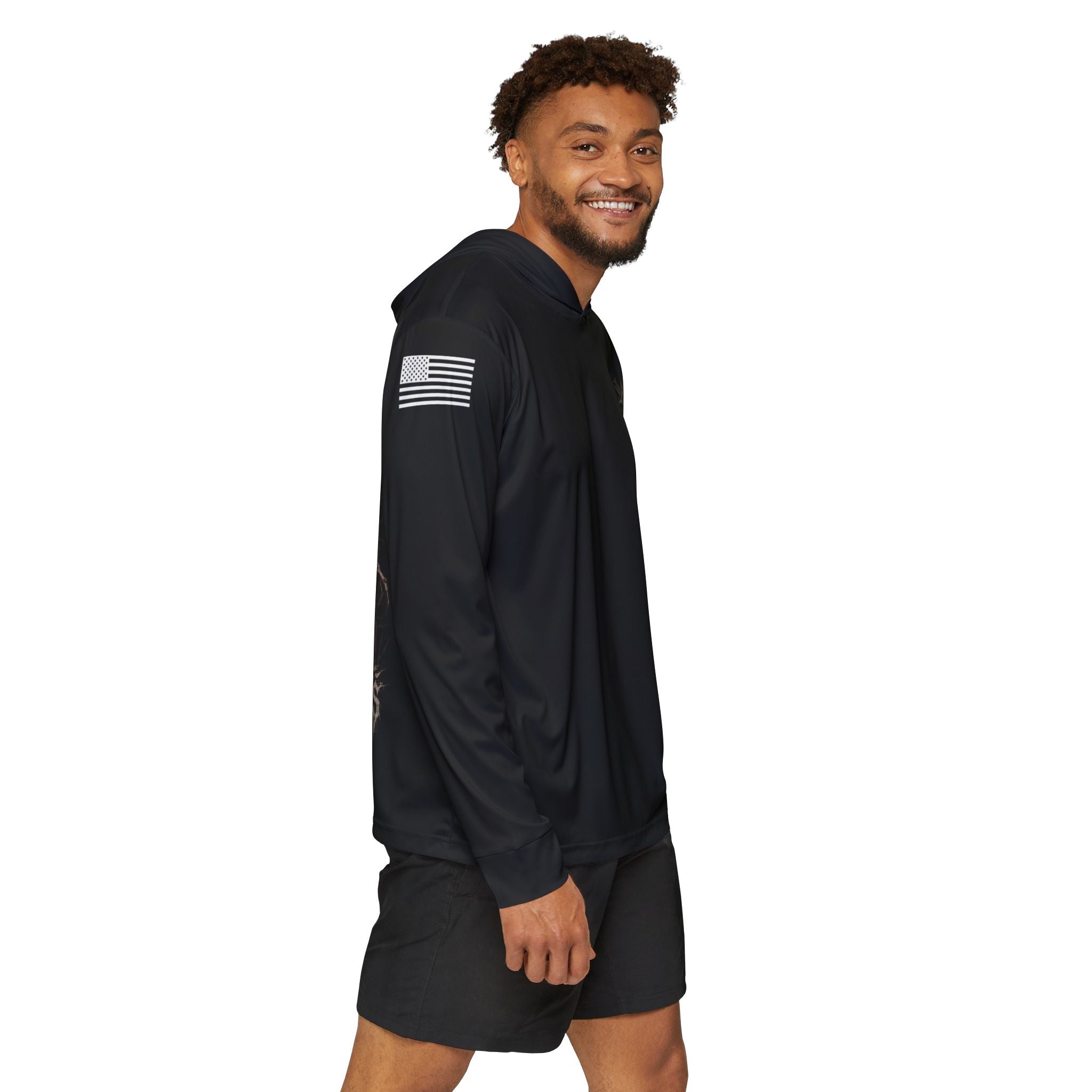 Black thin sport hoodie with American flag sleeve stripe.