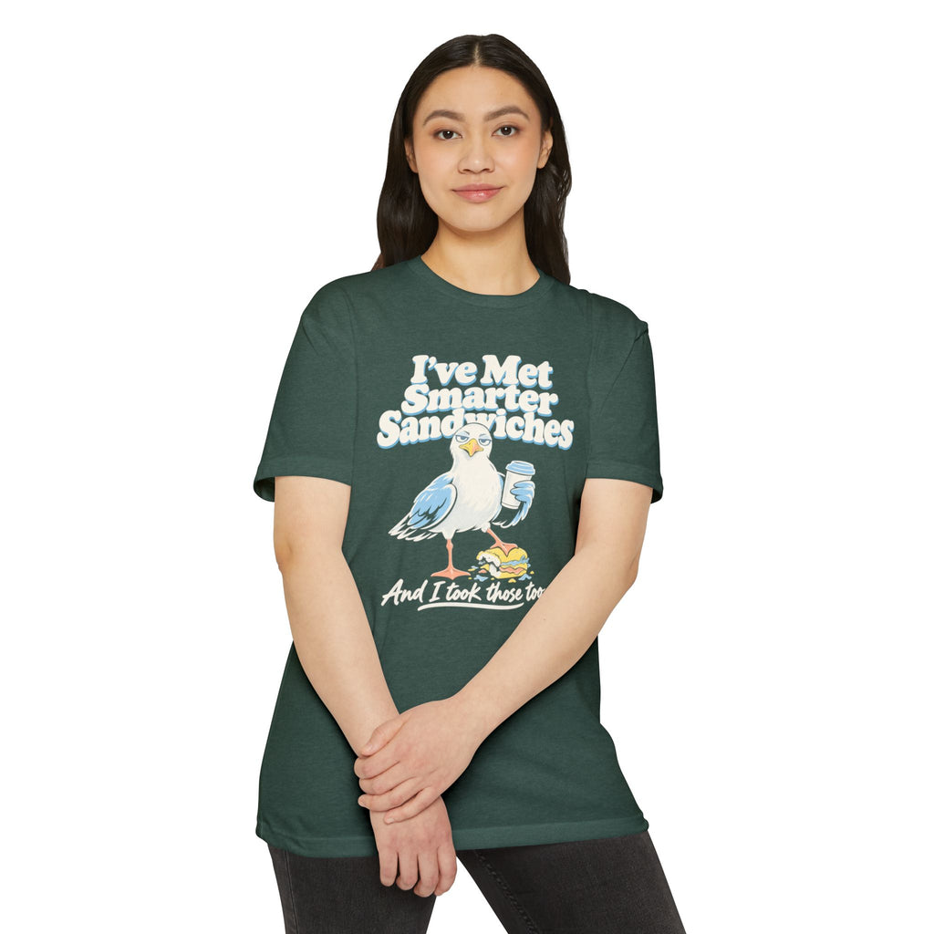 Dark green graphic T-shirt with seagull slogan 'I've Met Smarter Sandwiches' front