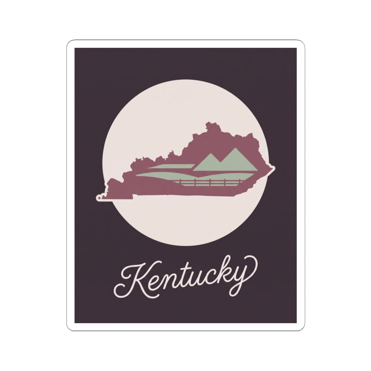 Kentucky silhouette vinyl sticker with mauve state map, bridge lines, and cursive Kentucky text