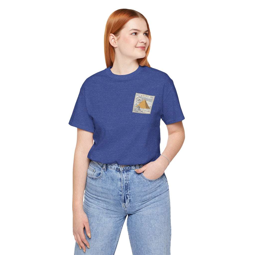 Heather true royal crewneck t-shirt with small Pyramids of Giza graphic on front pocket area