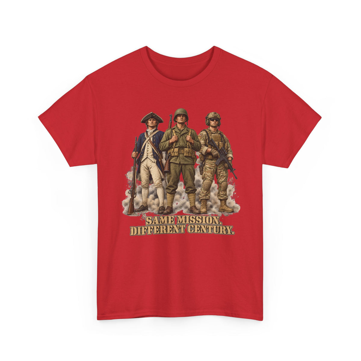 Red graphic soldiers T-shirt with bold text "Same Mission Different Century."