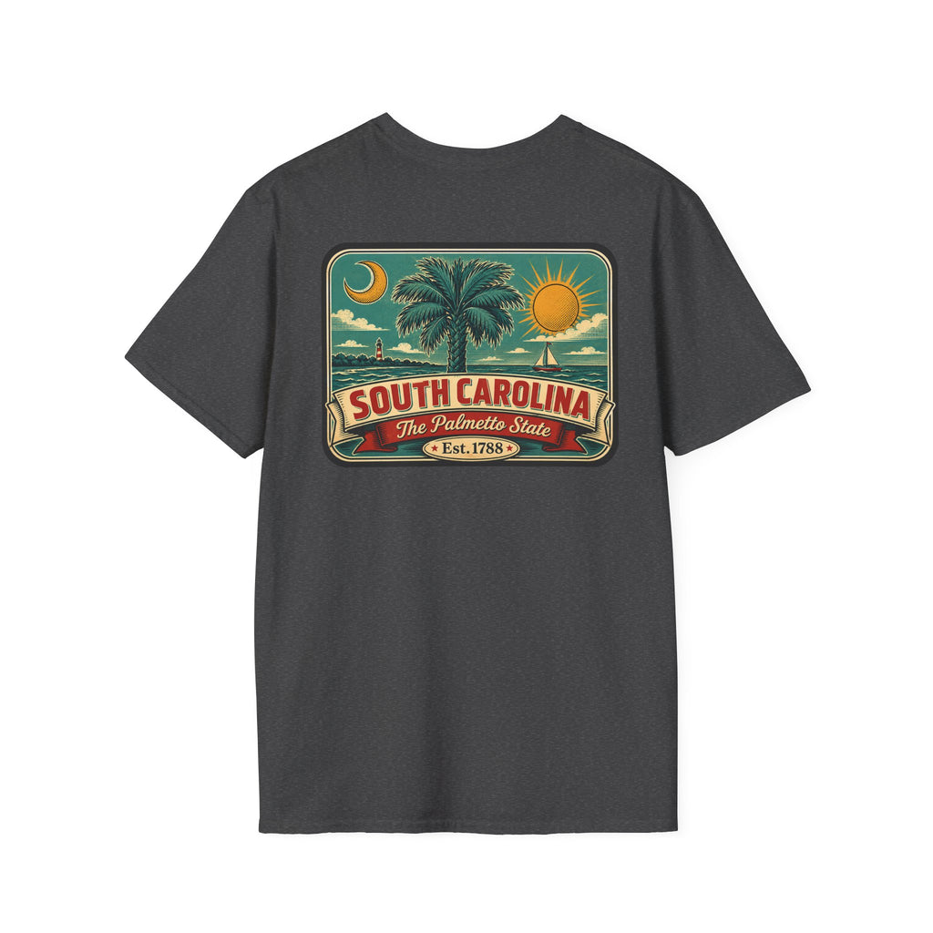 Dark gray T-shirt with South Carolina palm graphic patch and Est. 1788 text