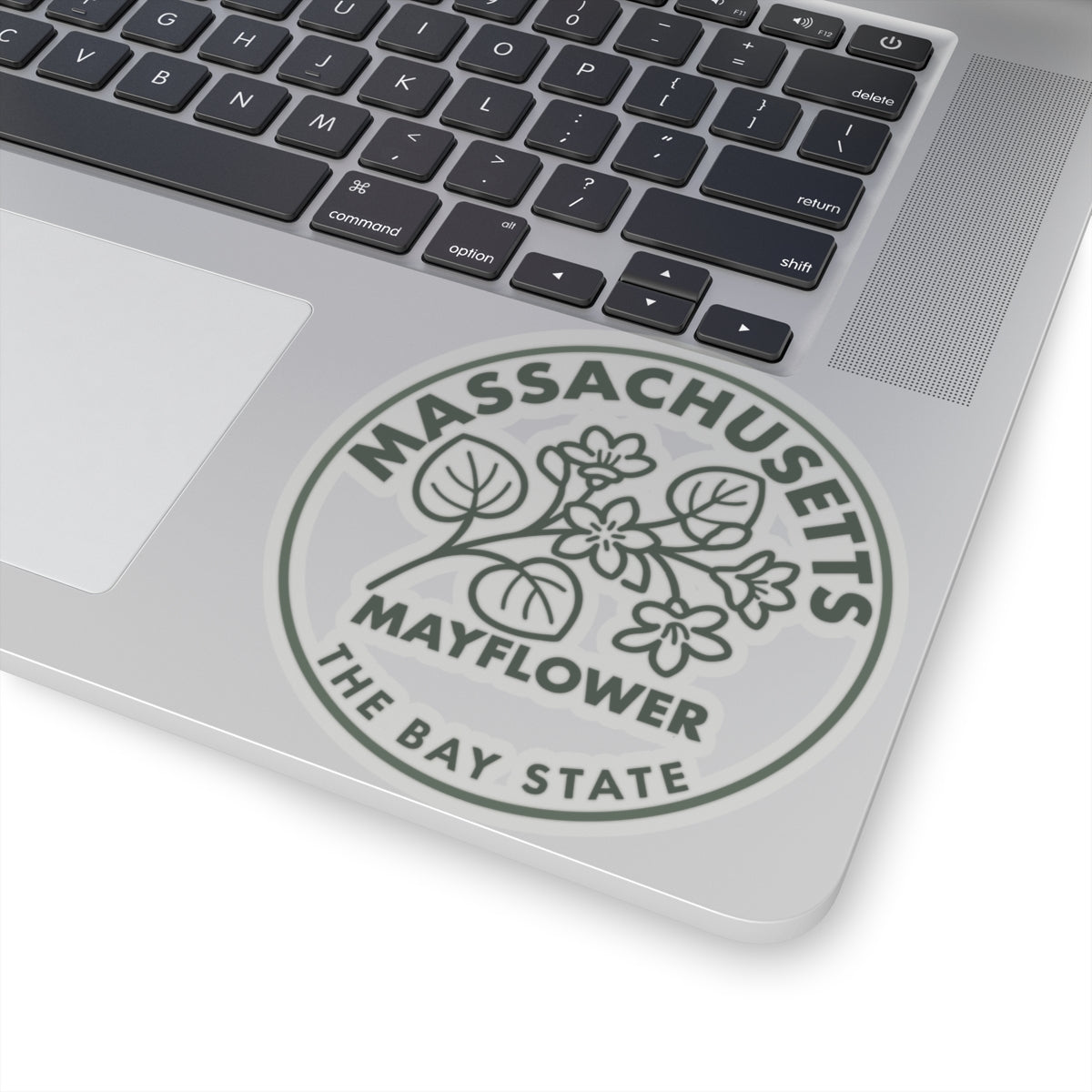 Massachusetts Mayflower state flower sticker on laptop lid, centered circular design in gray