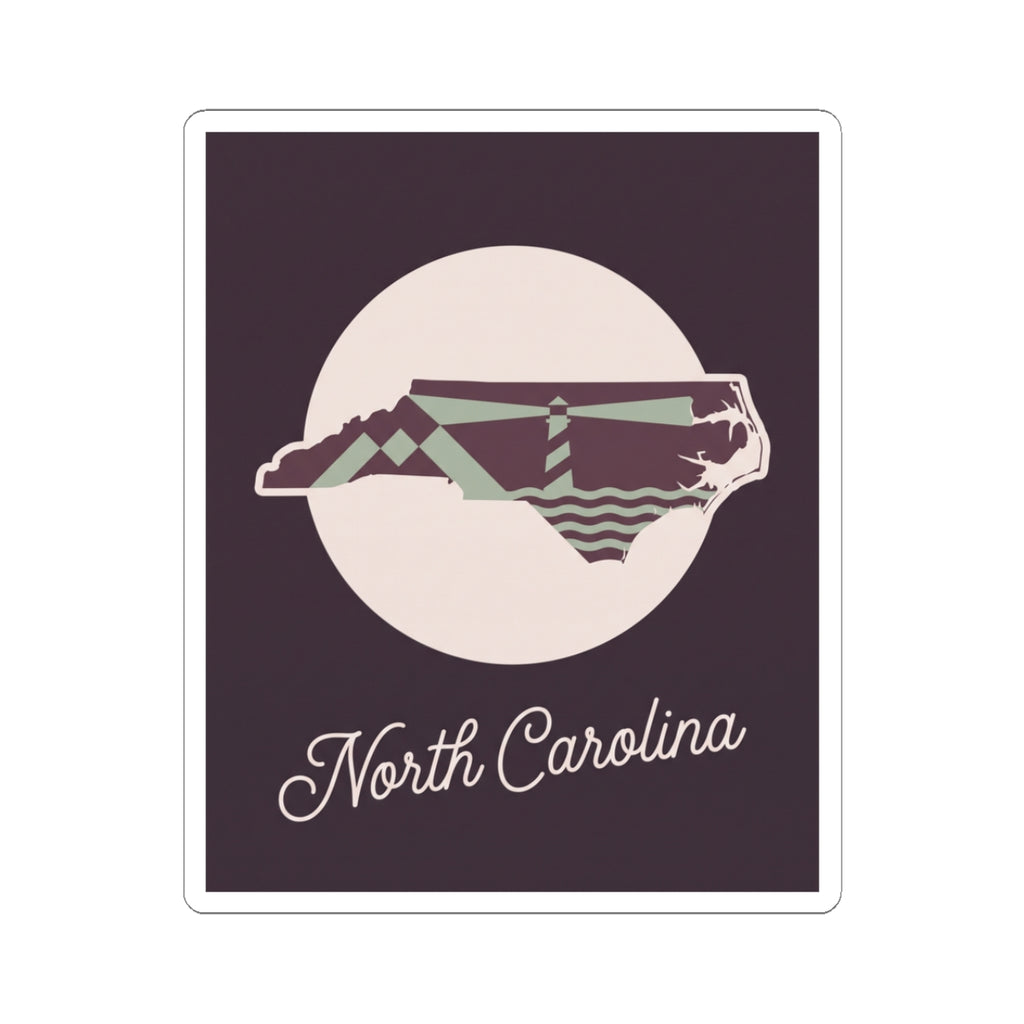 North Carolina state silhouette kiss-cut decal sticker on dark purple with “North Carolina” text