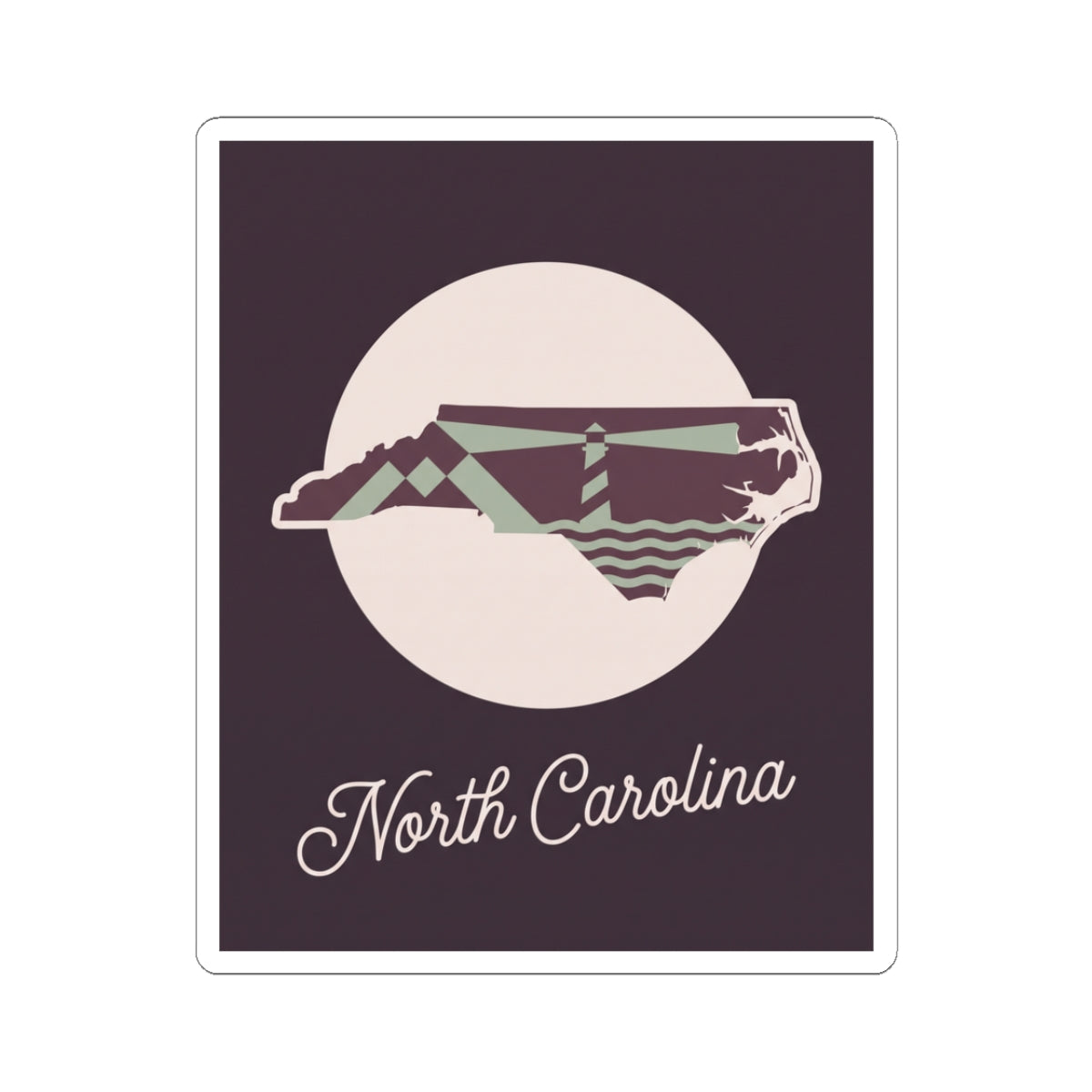 North Carolina state silhouette kiss-cut decal sticker on dark purple with “North Carolina” text