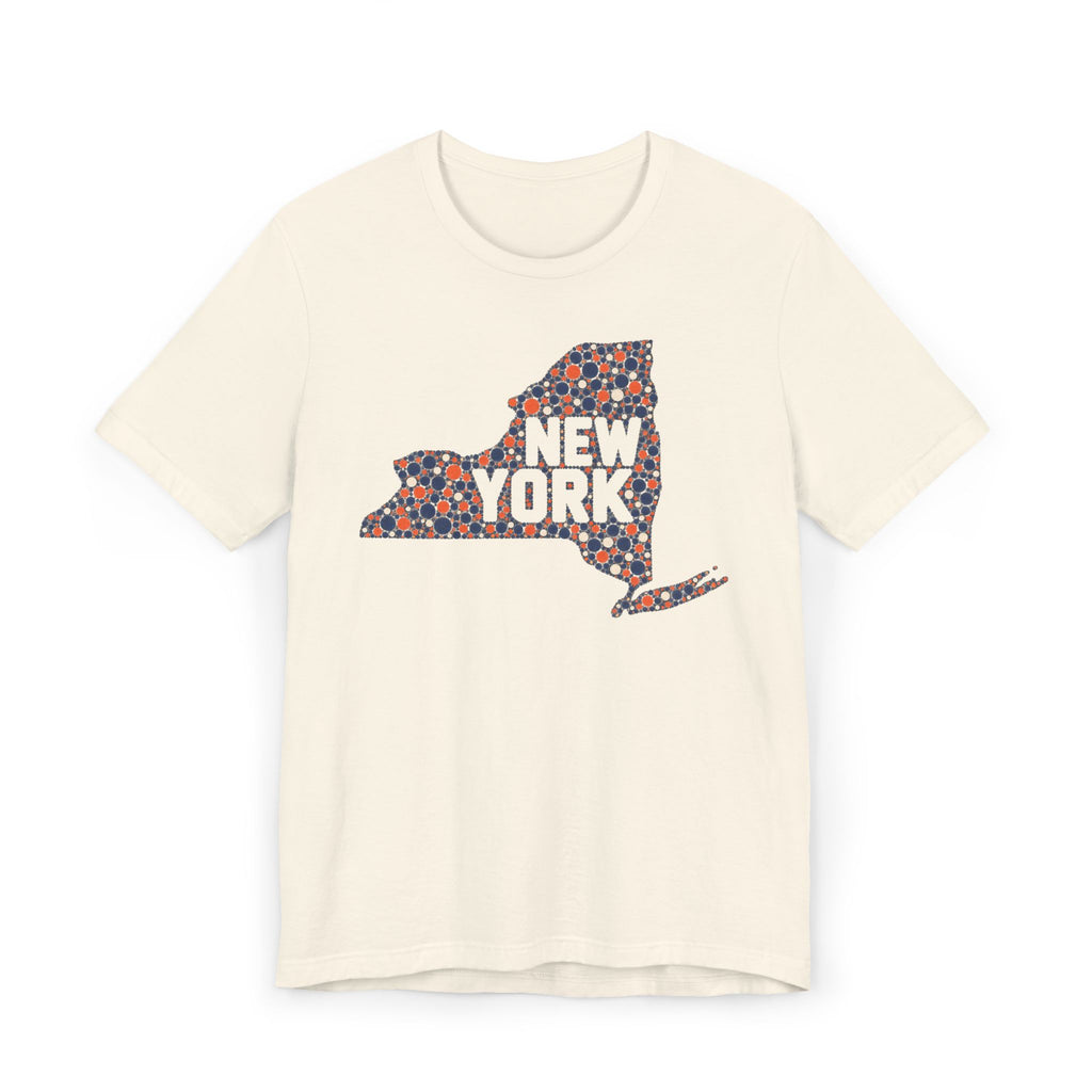 Cream short-sleeve t-shirt with colorful New York state outline graphic