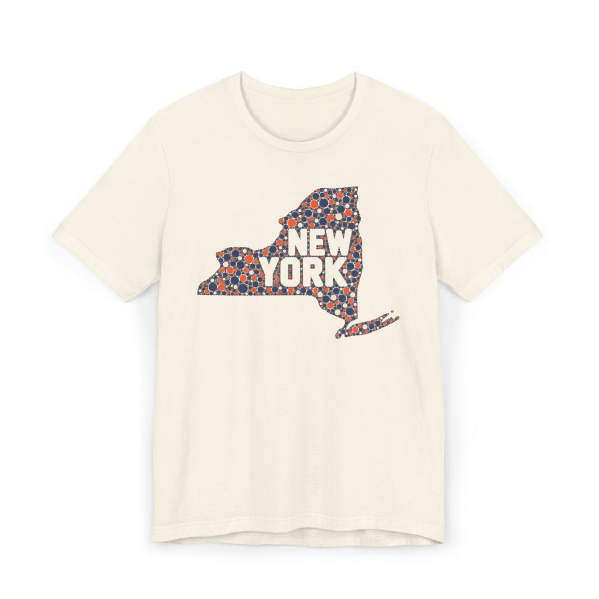 Cream short-sleeve t-shirt with colorful New York state outline graphic