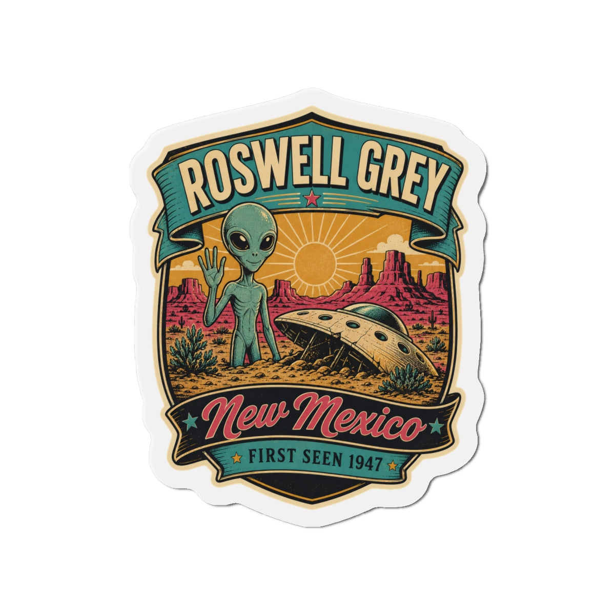 Roswell Grey die-cut refrigerator magnet featuring alien standing beside a UFO