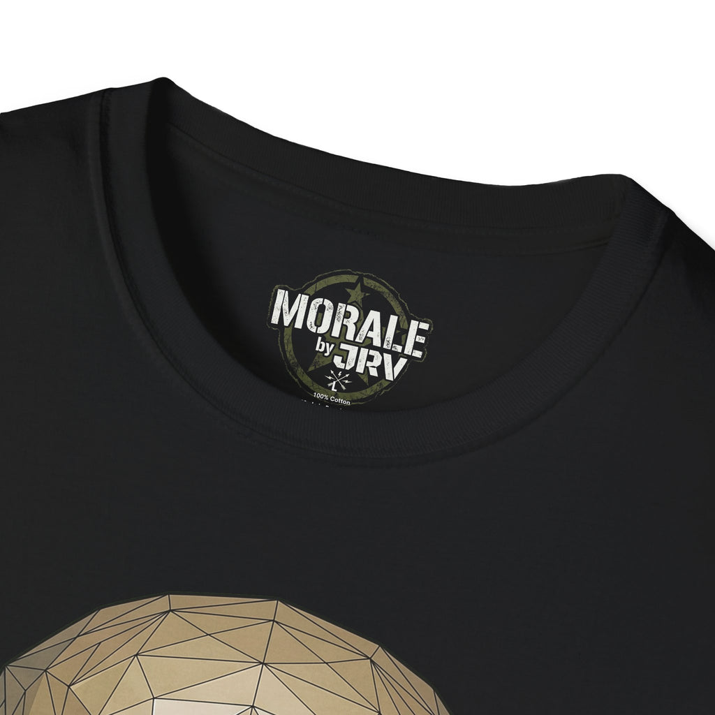 Black T-shirt neckline and printed collar tag detail