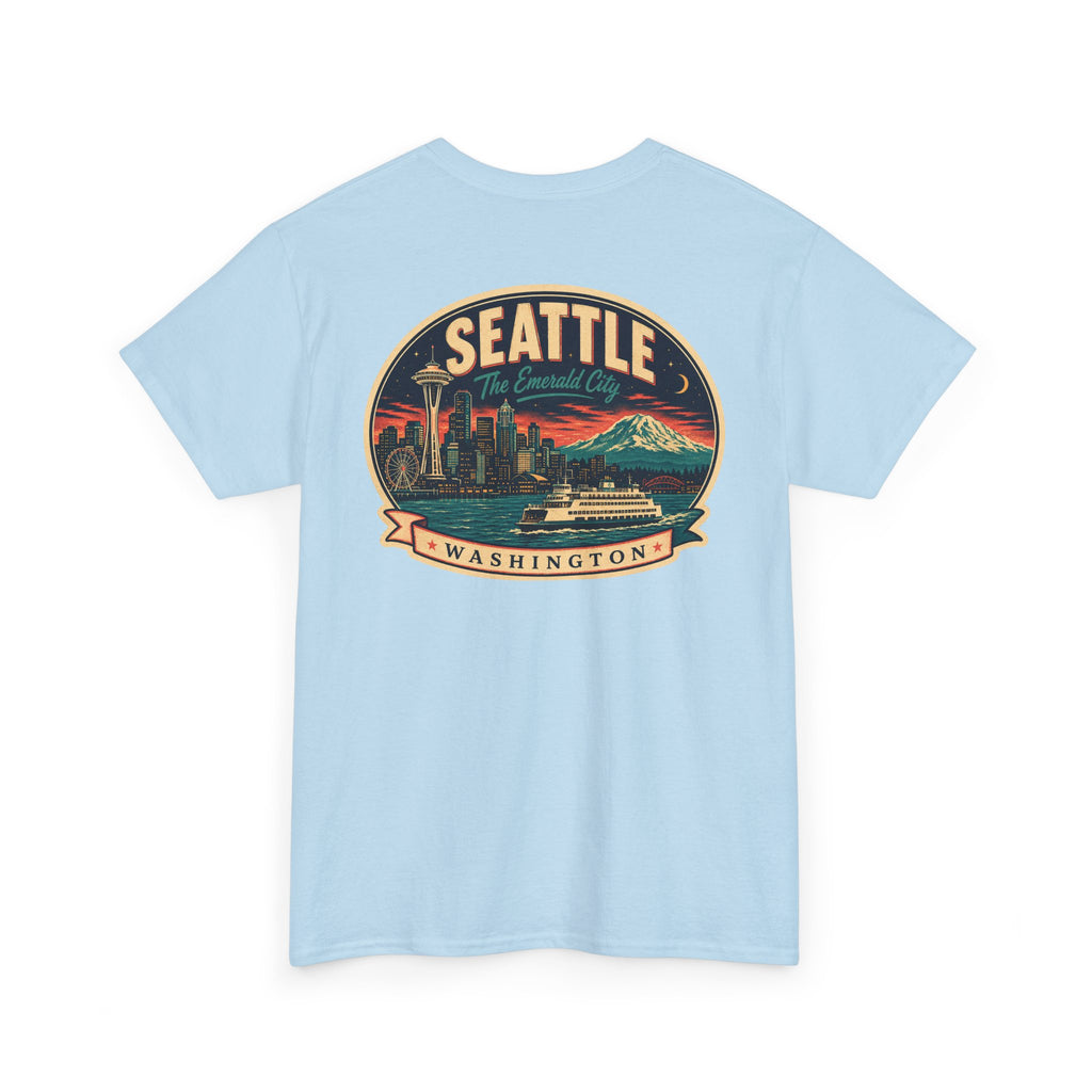 Light blue Seattle logo T-shirt with retro skyline badge graphic