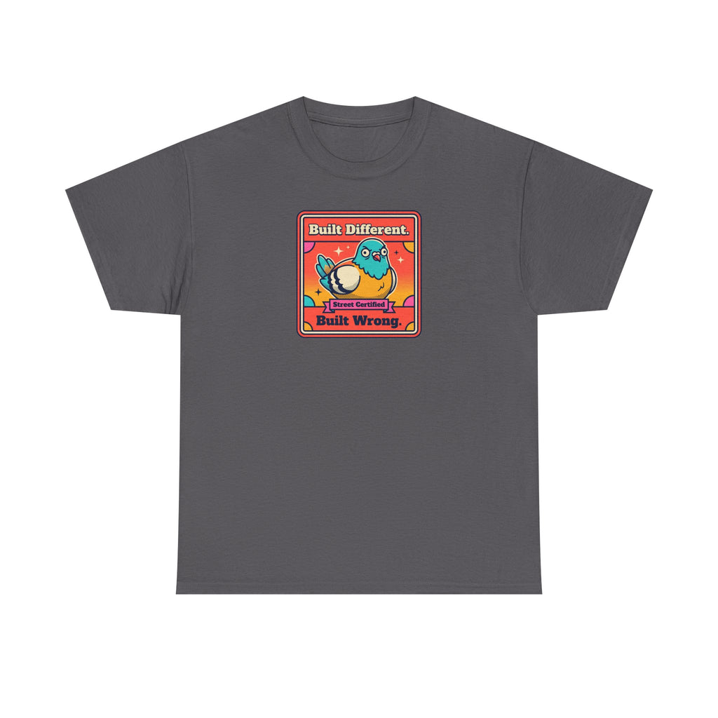 Charcoal T-shirt with small retro robot graphic on the chest