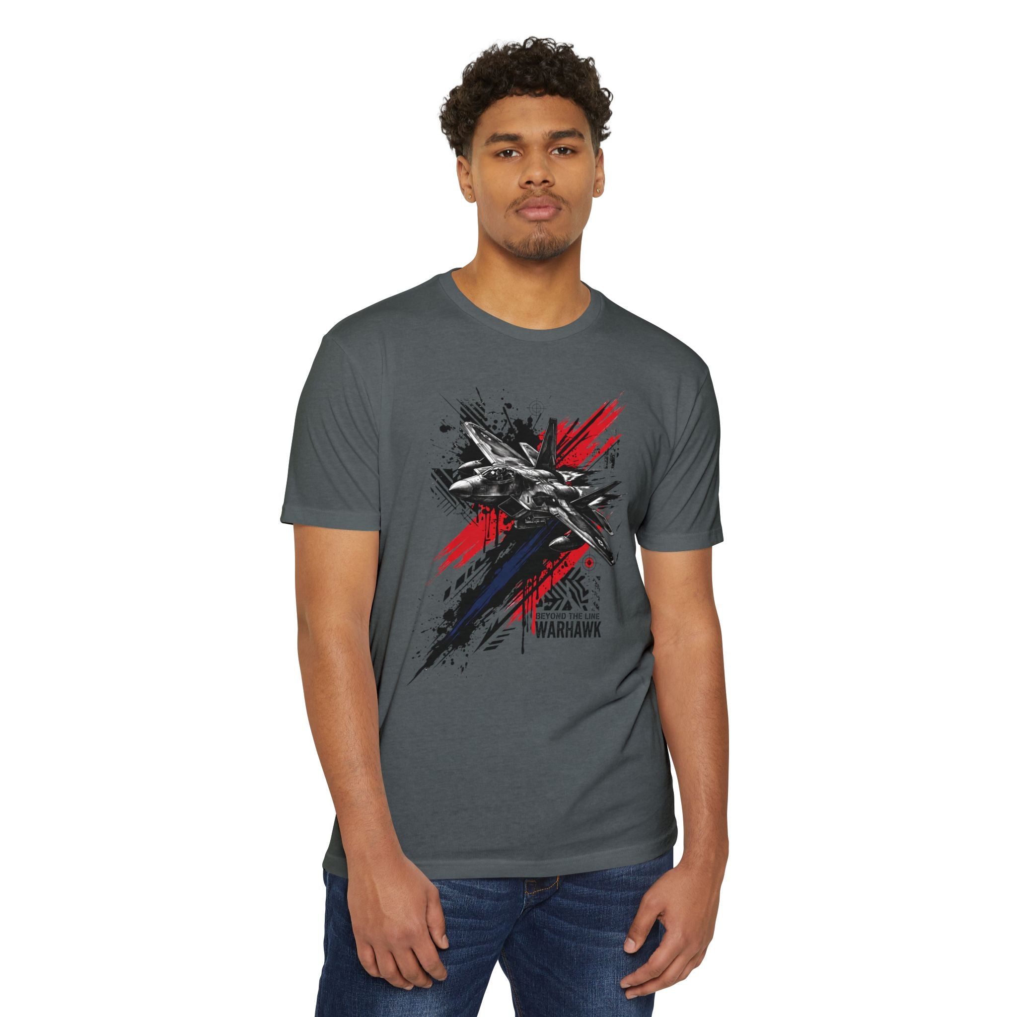 Charcoal blue jet graffiti t-shirt with fighter plane graphic at center front.