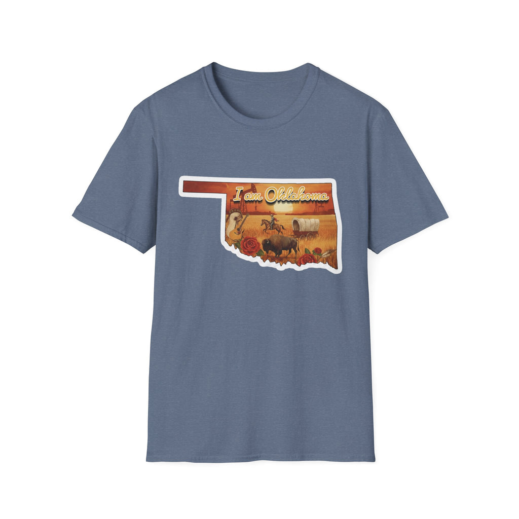 Blue T-shirt with Oklahoma silhouette and cowboy scene graphic