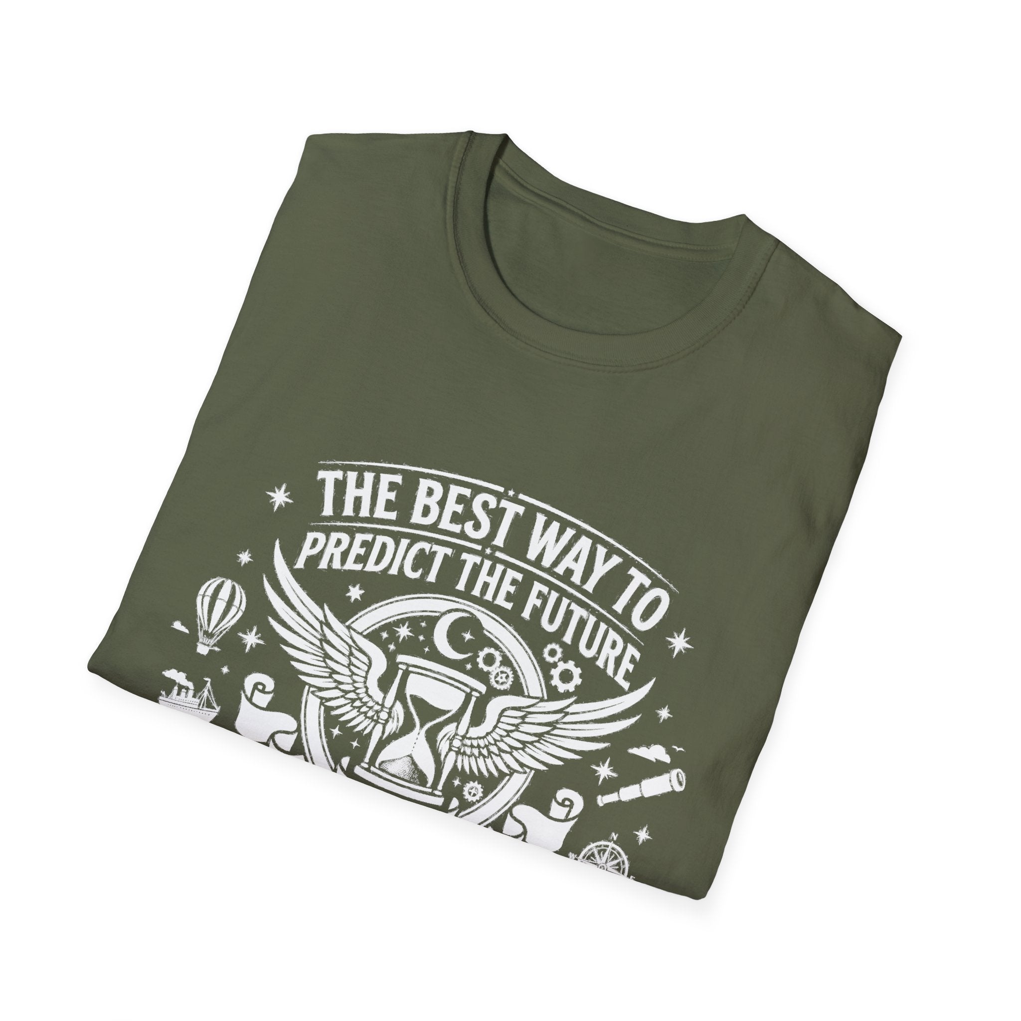 Military green tee with “THE BEST WAY TO PREDICT THE FUTURE” typography graphic