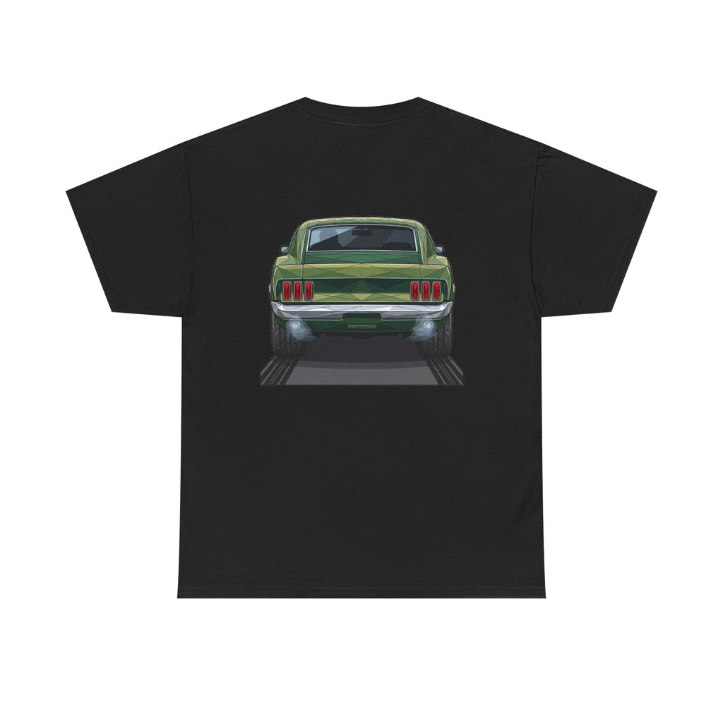 Black crew-neck t-shirt with vintage green muscle car rear illustration