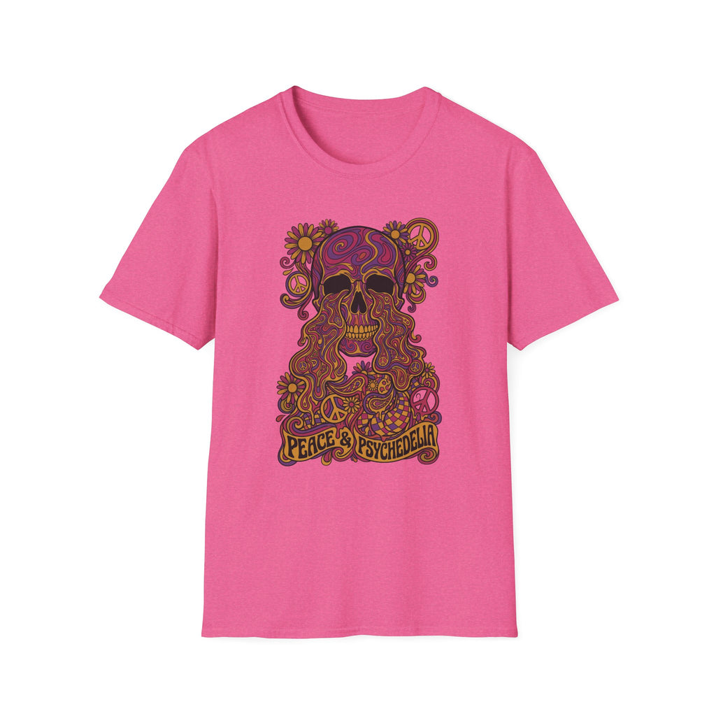 Rosa T‑Shirt mit psychedelischem Blumenschädel-Print und Peace-Zeichen