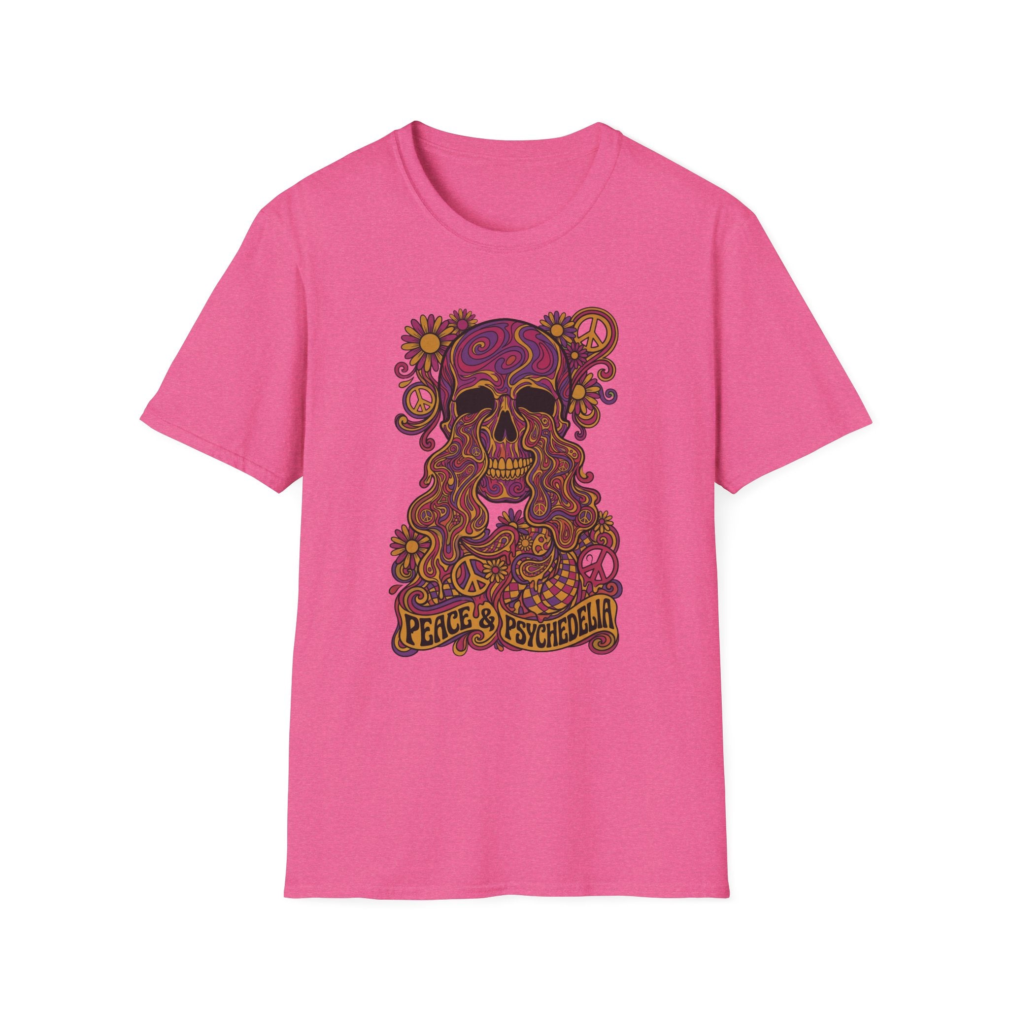 Rosa T‑Shirt mit psychedelischem Blumenschädel-Print und Peace-Zeichen