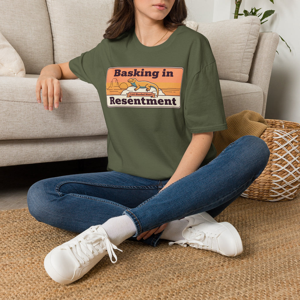 Olive graphic lizard T-shirt with desert scene and slogan print