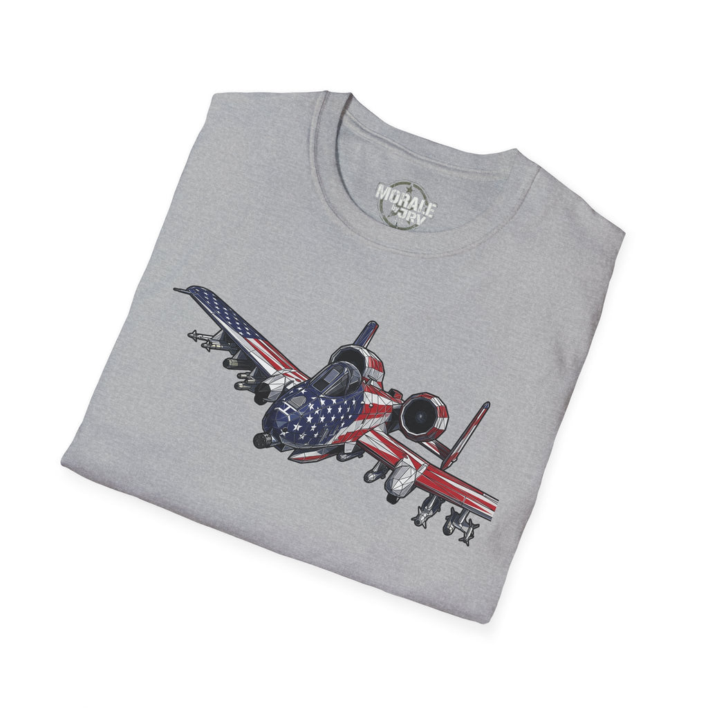 Heather gray T-shirt with A-10 Warthog graphic and American flag stripes