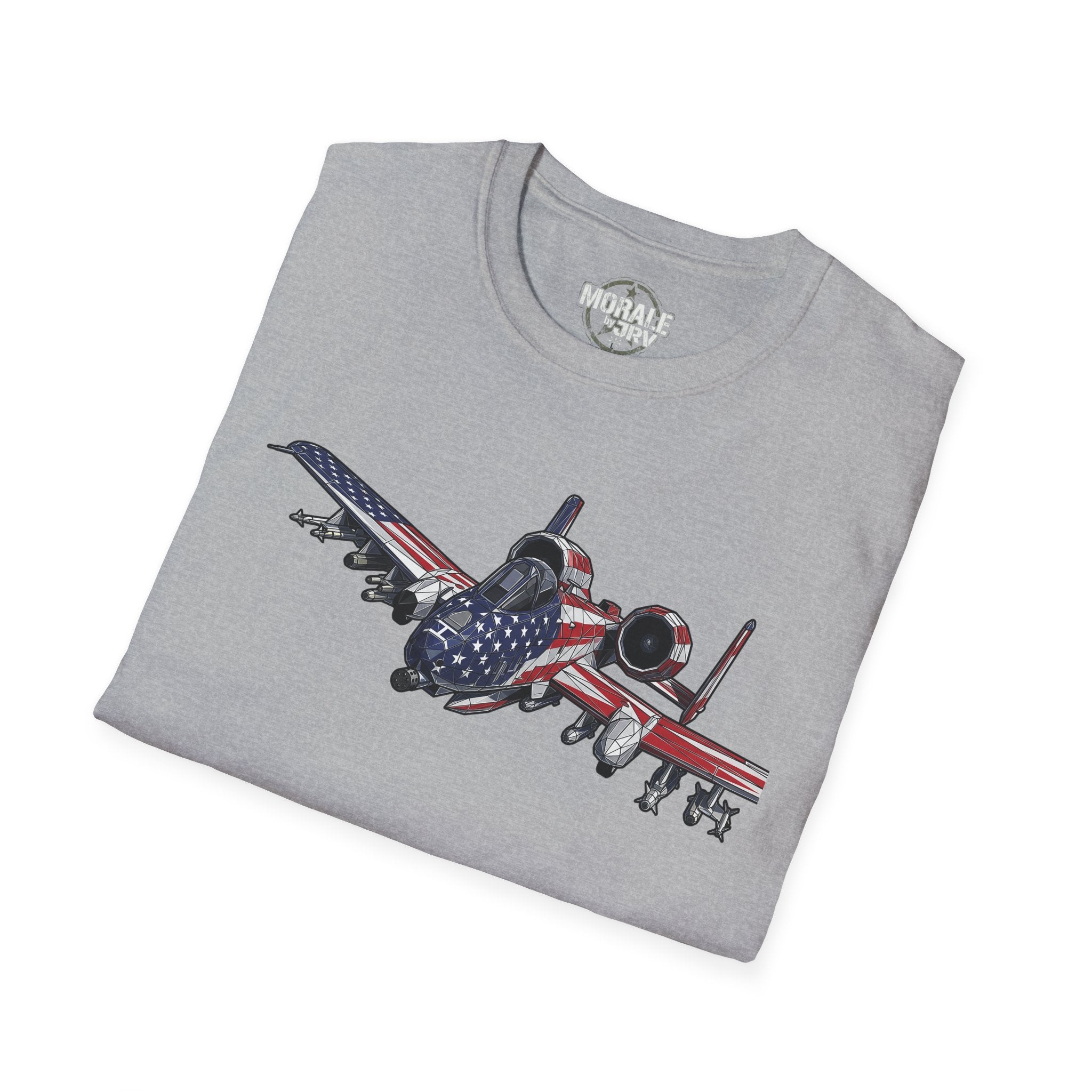 Heather gray T-shirt with A-10 Warthog graphic and American flag stripes