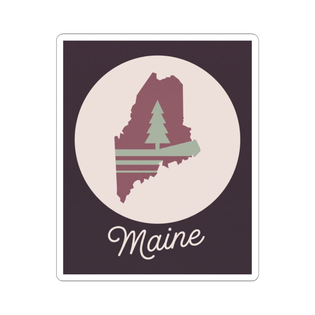 Mauve Maine state silhouette vinyl decal with green pine tree and 'Maine' script on dark square.